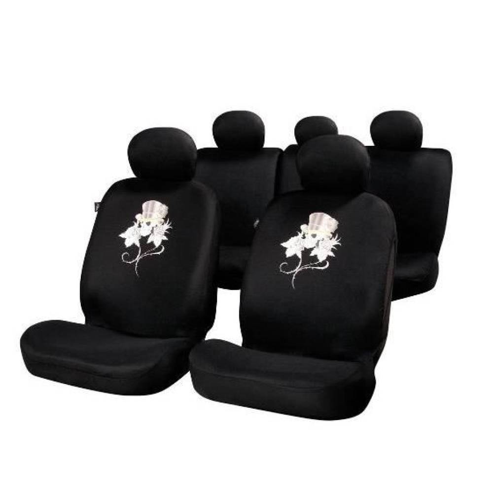Set 11 bucati huse auto poliester cu airbag negre Rose & Skull FUN885F Sumex 