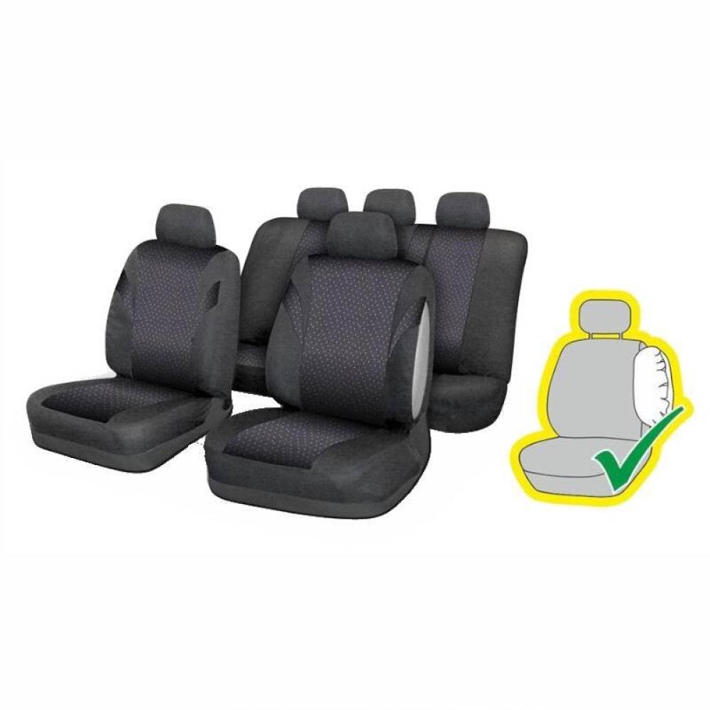 Set 9 huse auto, bancheta spate fractionata, airbag, negru cu picatele albe, Jack II, 31685 Compass