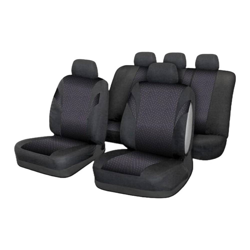 Set 9 huse auto, bancheta spate fractionata, airbag, negru cu picatele albe, Jack II, 31685 Compass