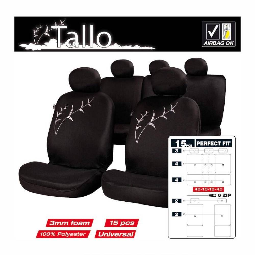 Set 4 huse auto poliester cu airbag, negre Tallo FUN826N RaceSport