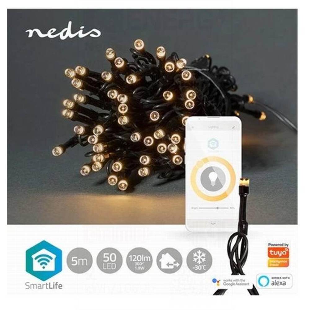 Ghirlanda decorativa Smart Wi-Fi cu 50 LED-uri, lumina alba calda, 5m Nedis,  WIFILX01W50