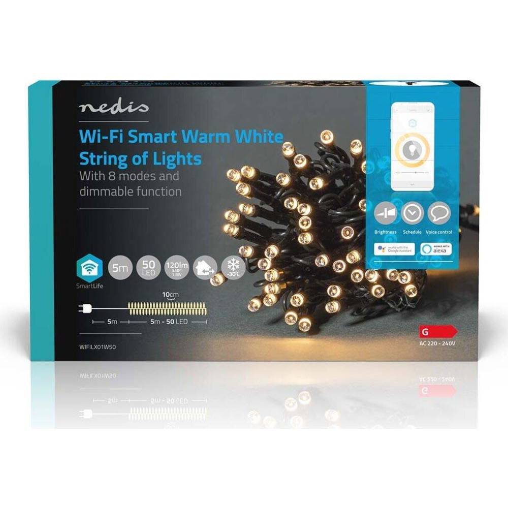Ghirlanda decorativa Smart Wi-Fi cu 50 LED-uri, lumina alba calda, 5m Nedis,  WIFILX01W50