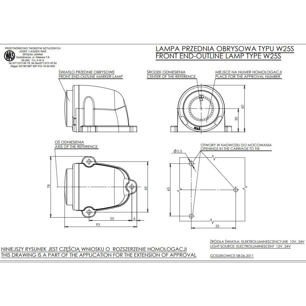 Lampa gabarit 78x93, bec, alba, cabina fata, W25S 455 Was