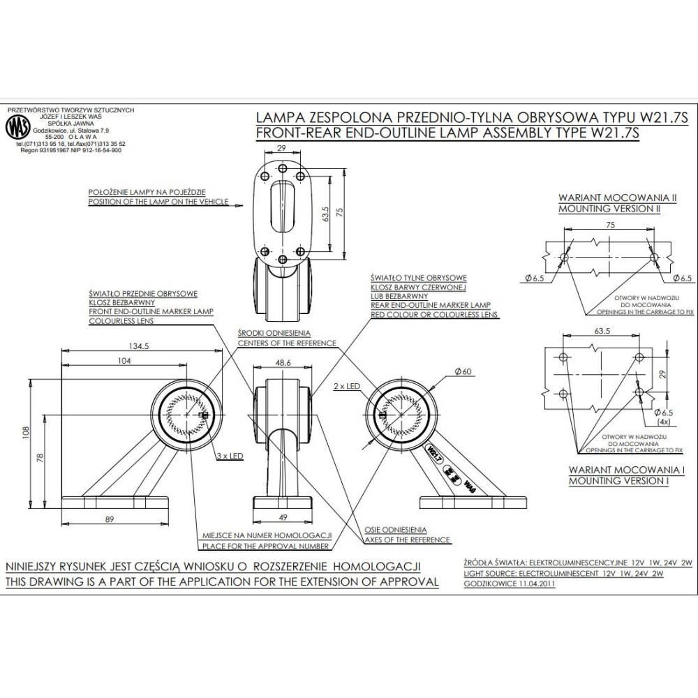 Lampa gabarit cu brat oblic 45° 108mm, LED, alb-rosie, stanga, 12-24V, W21.7s 417bcL Was 