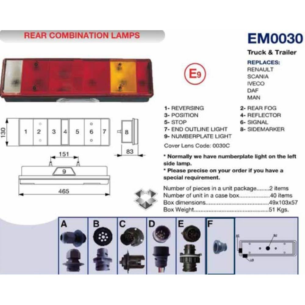 Lampa spate 465x130, 8 functii, cu cablu, stanga, LT250cab Promot