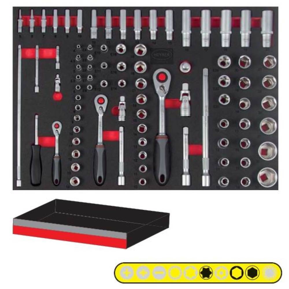 Trusa chei 85 piese (tubulare si 3 antrenori cu clichet) pentru raft 330.01 Heyner 