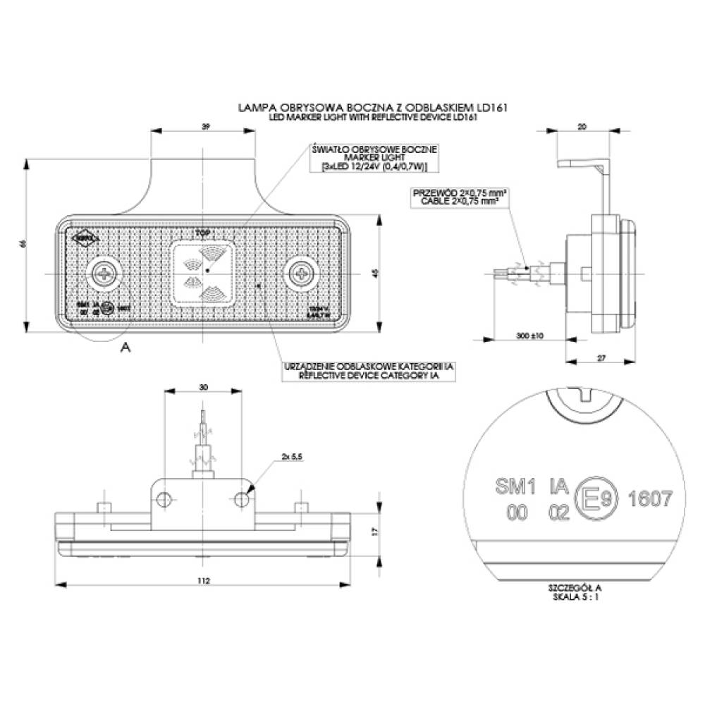 Lampa gabarit 110x41 LD 161 LED, galbena, cu suport Horpol 