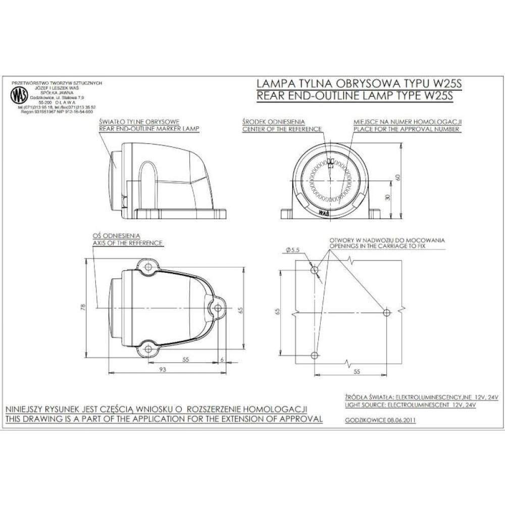 Lampa gabarit 78x93, bec, rosie, pentru spate, W25S 456C Was