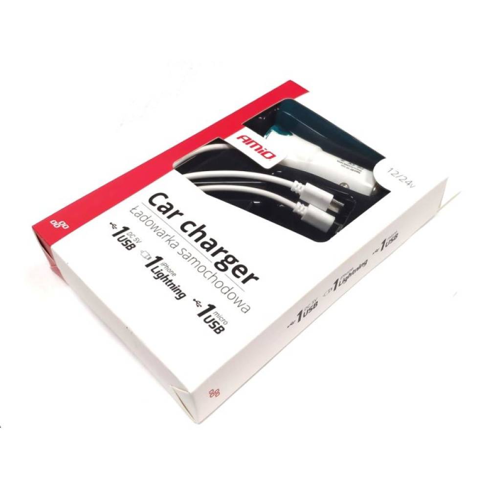 Incarcator auto, 2 cabluri, Iphone 5, microUsb, USB, 12/24V 01264 Amio
