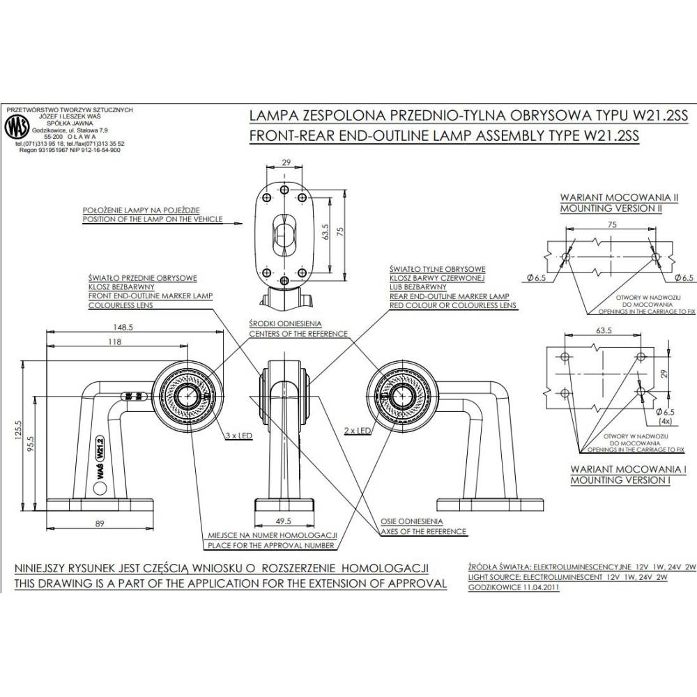 Lampa gabarit cu brat cu cot 90° 125mm, LED, alb-rosie, stanga, 12-24V, W21.2s 412bcL Was