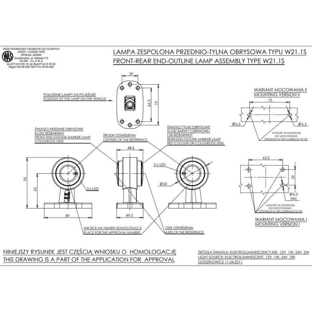 Lampa gabarit cu brat drept 95mm, 411bc, LED, alb-rosie, 12-24V Was Lampa gabarit cu brat drept 95mm, 411bc, LED, alb-rosie, 12-24V Was