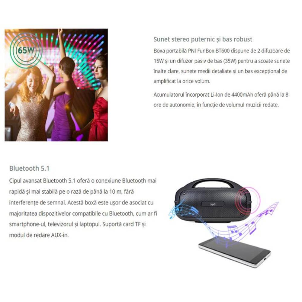 Boxa portabila cu bluetooth, Mp3 player, Karaoke, microfon fara fir, FunBox, BT600 PNI