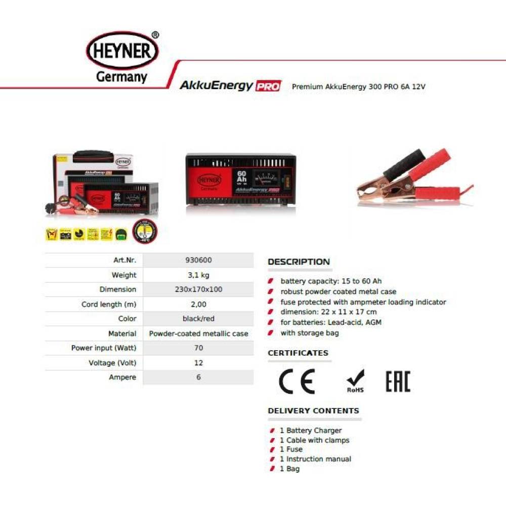 Redresor acumulator 6A 12V 15-60Ah AkkuEnergy 930.60 Heyner
