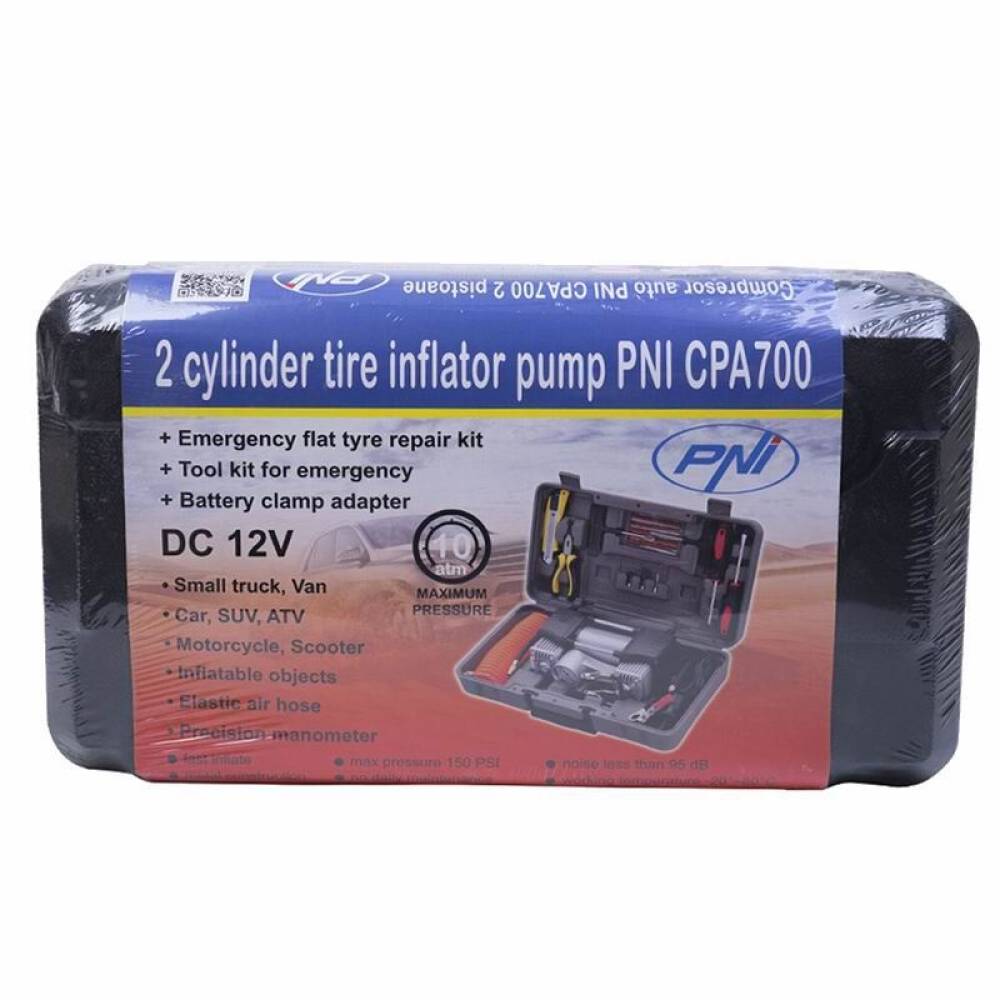 Compresor aer cu kit reparatie anvelope, 12V 10bar, 150psi, piston dublu, CPA700 PNI