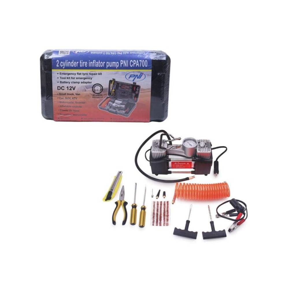 Compresor aer cu kit reparatie anvelope, 12V 10bar, 150psi, piston dublu, CPA700 PNI