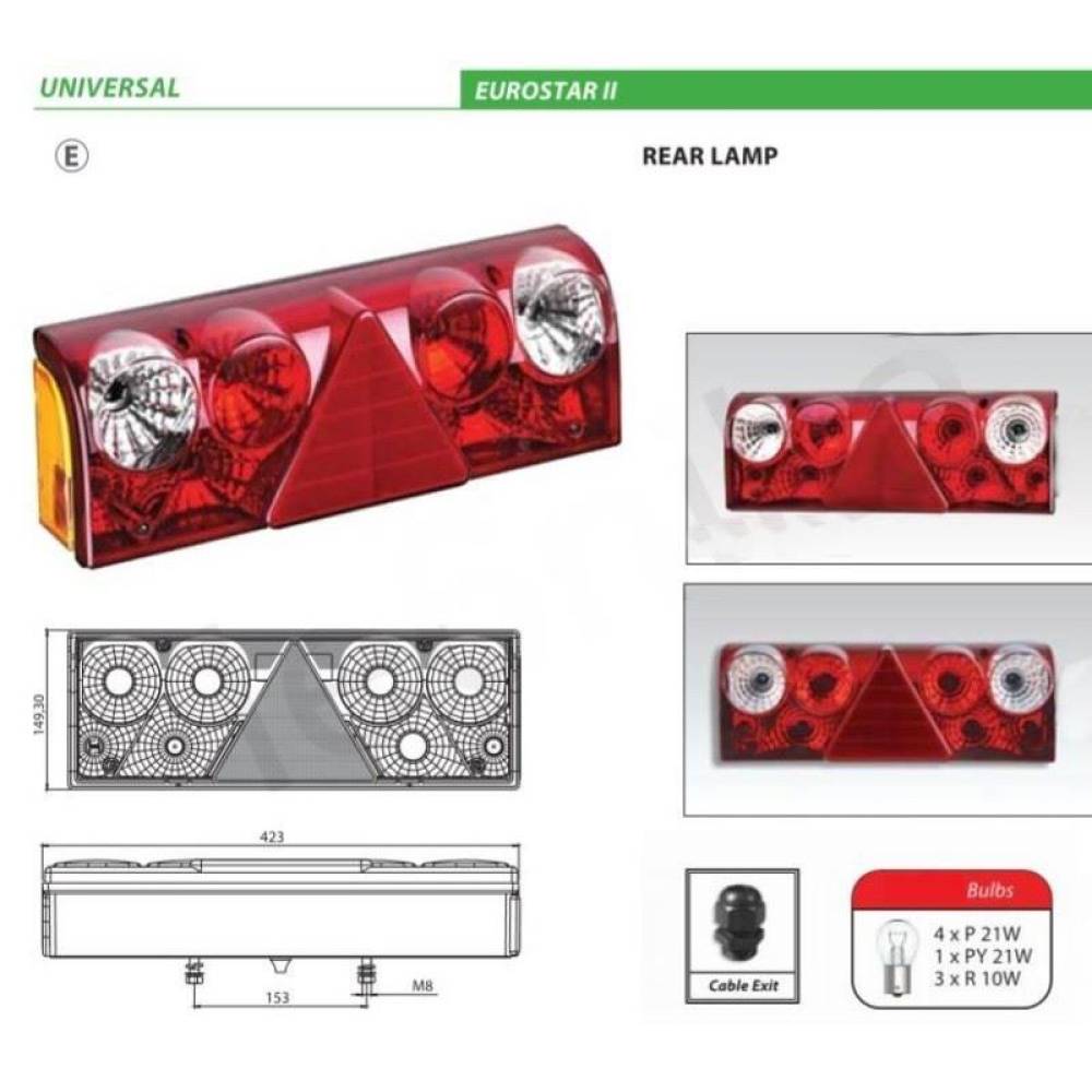Lampa stop 420x150, 24V, 7 functii, cu triunghi, fara bec, Europoint 2, Stanga, UCLER 0106lk, 98641 Lampa stop 420x150, 24V, 7 functii, cu triunghi, fara bec, Europoint 2, Stanga, UCLER 0106lk, 98641