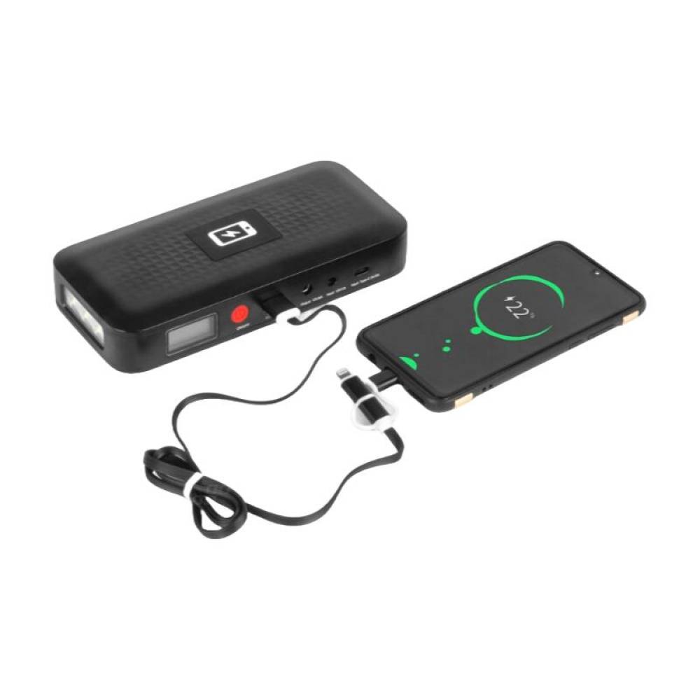 Starter auto multifunctional portabil, baterie externa, 12V 12Ah 800A, lanterna LED 5 moduri si afisaj LCD, pornire motor si incarcare wireless dispozitive electronice 10W cu USB 2.4A, 04055 Amio