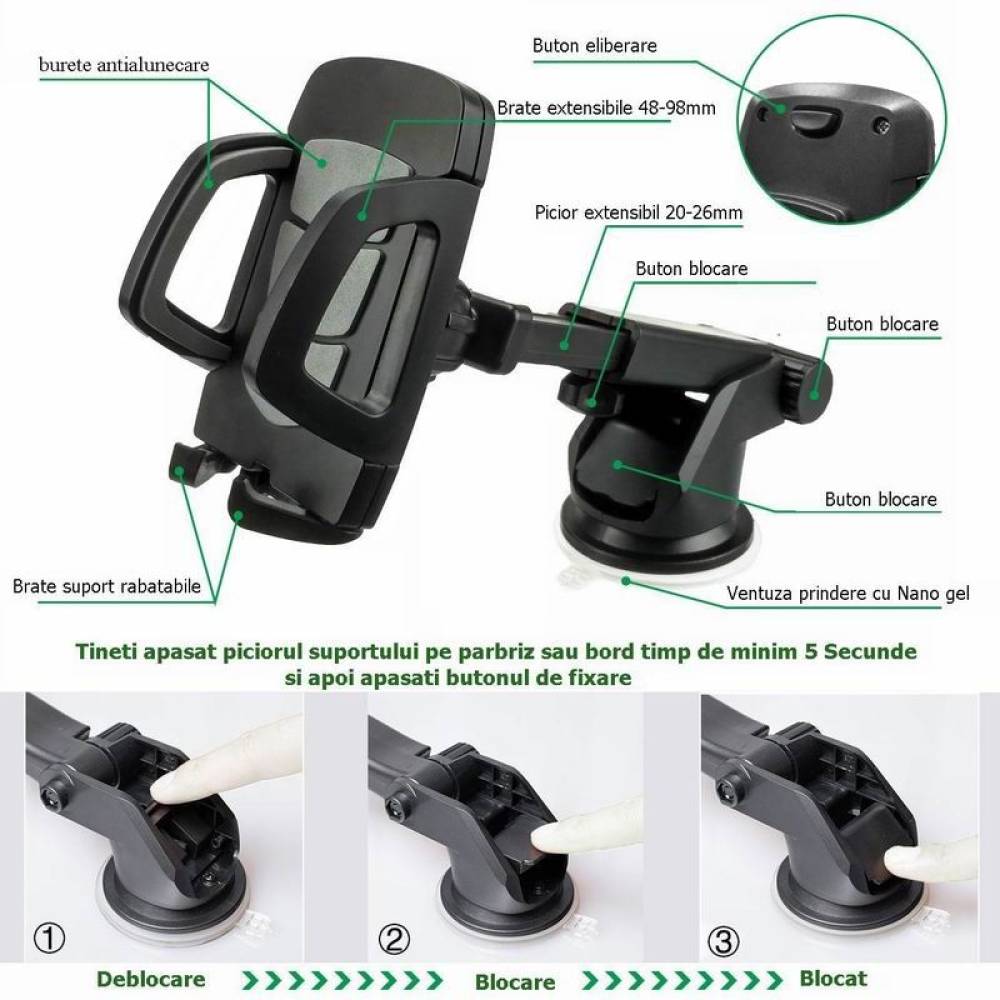 Suport telefon cu ventuza, picior telescopic, KURT 42860 CarCo