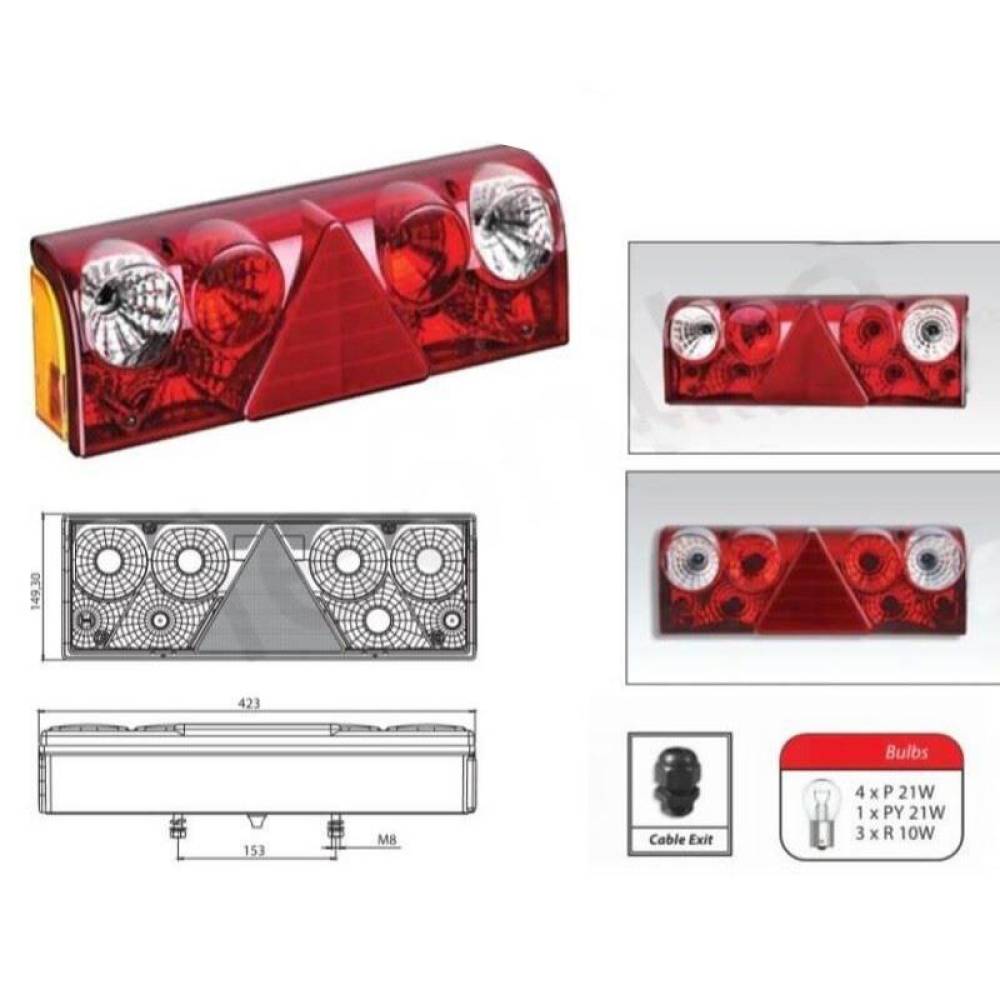 Lampa stop 420x150, 24V, 7 functii, cu triunghi, fara bec,  Europoint 2, dreapta, UCLER 0106rk, 98640