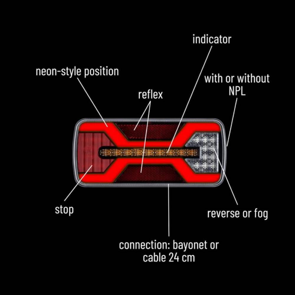 Lampa stop 220x100, 5 functii, LED Neon, 10-30V, cu mers inapoi si catadioptru reflectorizant, cablu 24cm, stanga-dreapta, X Spider, L2425 TruckLed Lampa stop 220x100, 5 functii, LED Neon, 10-30V, cu mers inapoi si catadioptru reflectorizant, cablu 24cm, stanga-dreapta, X Spider, L2425 TruckLed