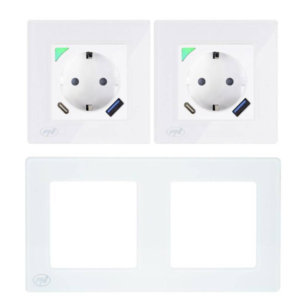 Kit Priza dubla inteligenta SmartHome WiFi, cu rama montaj ingropat PNI-WP202-2