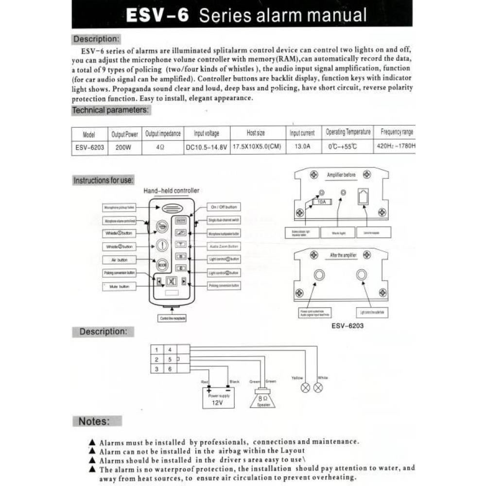 Sirena cu microfon, 2 tonuri, 12V, 200W, ESV-6 6203 + TS200-N 
