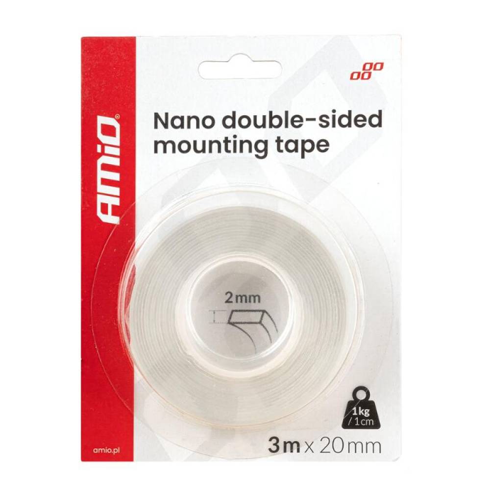 Banda dublu adeziva 20mm x 3m x 1mm, transparenta, Amio 04847