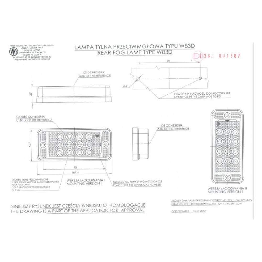 Lampa ceata 2 suruburi, 107x47, 12 LED-uri, rosie, 9-36V W83d-700kr Was