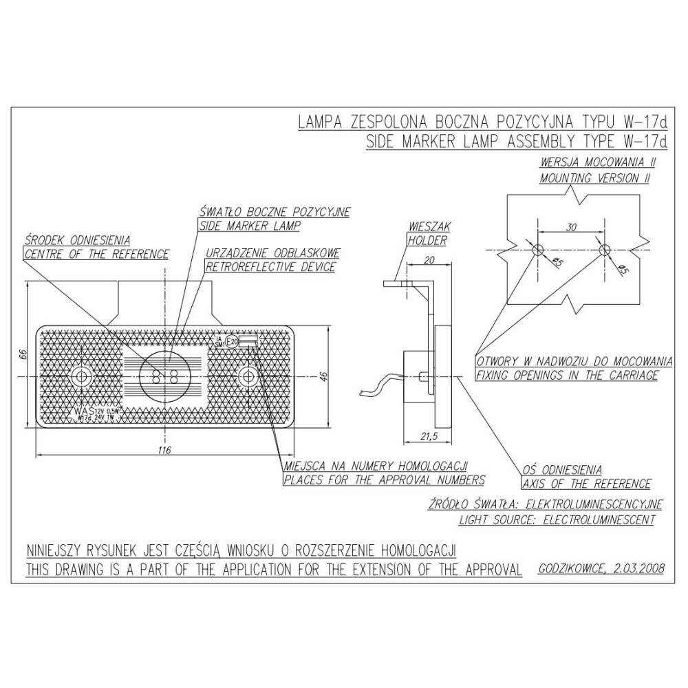 Lampa gabarit 116x66, LED, galbena, cu suport, 12-24V, W17D 101Z Was Lampa gabarit 116x66, LED, galbena, cu suport, 12-24V, W17D 101Z Was