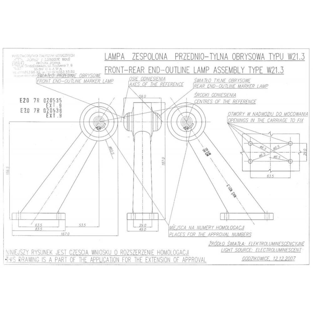 Lampa gabarit cu brat 187mm, oblic 45°, LED, alb-rosie, dreapta, 12-24V, W21.3 136P Was  