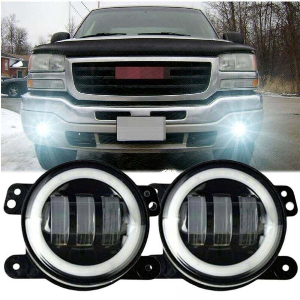Set 2 proiectoare ceata cu DRL (Angel Eyes) 3 functii, lumini de zi, ceata si semnalizare, fi90mm, Dacia, Renault, Jeep, Dodge, Chrysler, BK69122