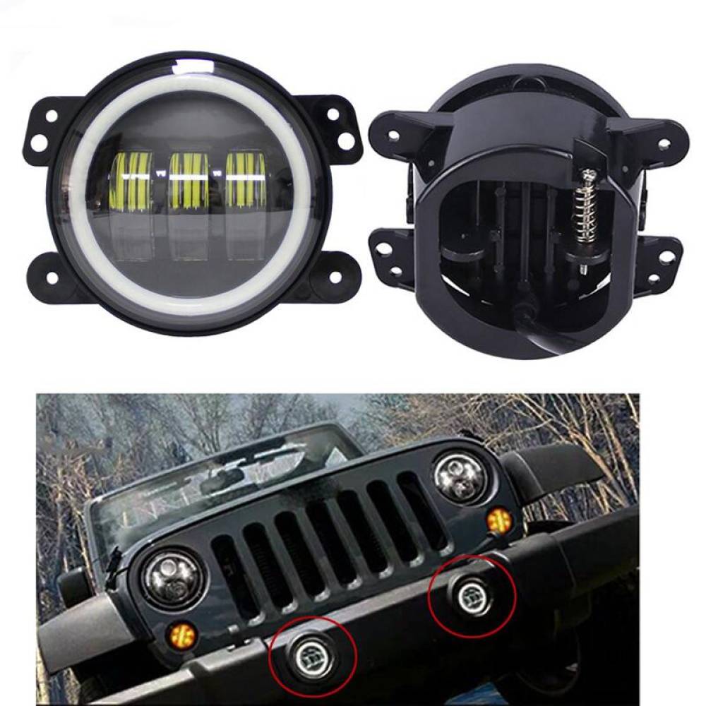 Set 2 proiectoare ceata cu DRL (Angel Eyes) 3 functii, lumini de zi, ceata si semnalizare, fi90mm, Dacia, Renault, Jeep, Dodge, Chrysler, BK69122