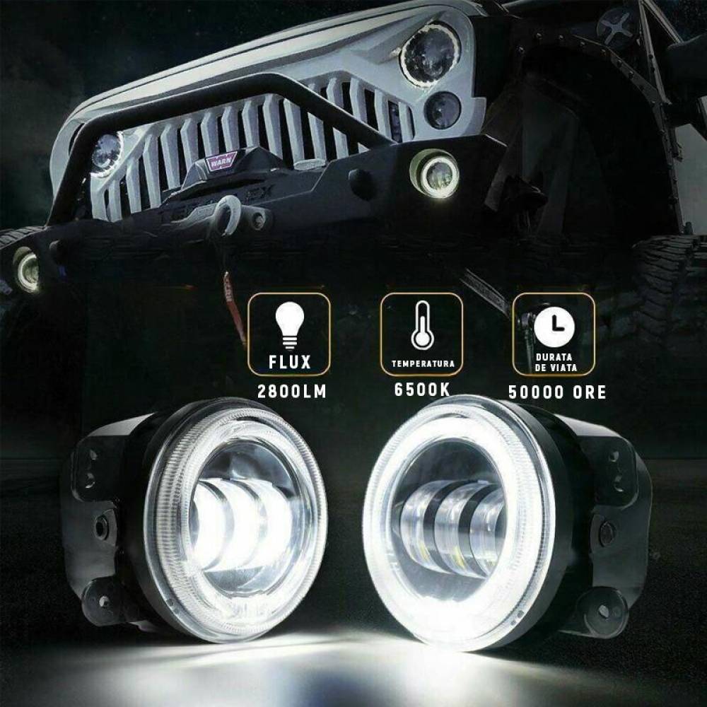 Set 2 proiectoare ceata cu DRL (Angel Eyes) 3 functii, lumini de zi, ceata si semnalizare, fi90mm, Dacia, Renault, Jeep, Dodge, Chrysler, BK69122