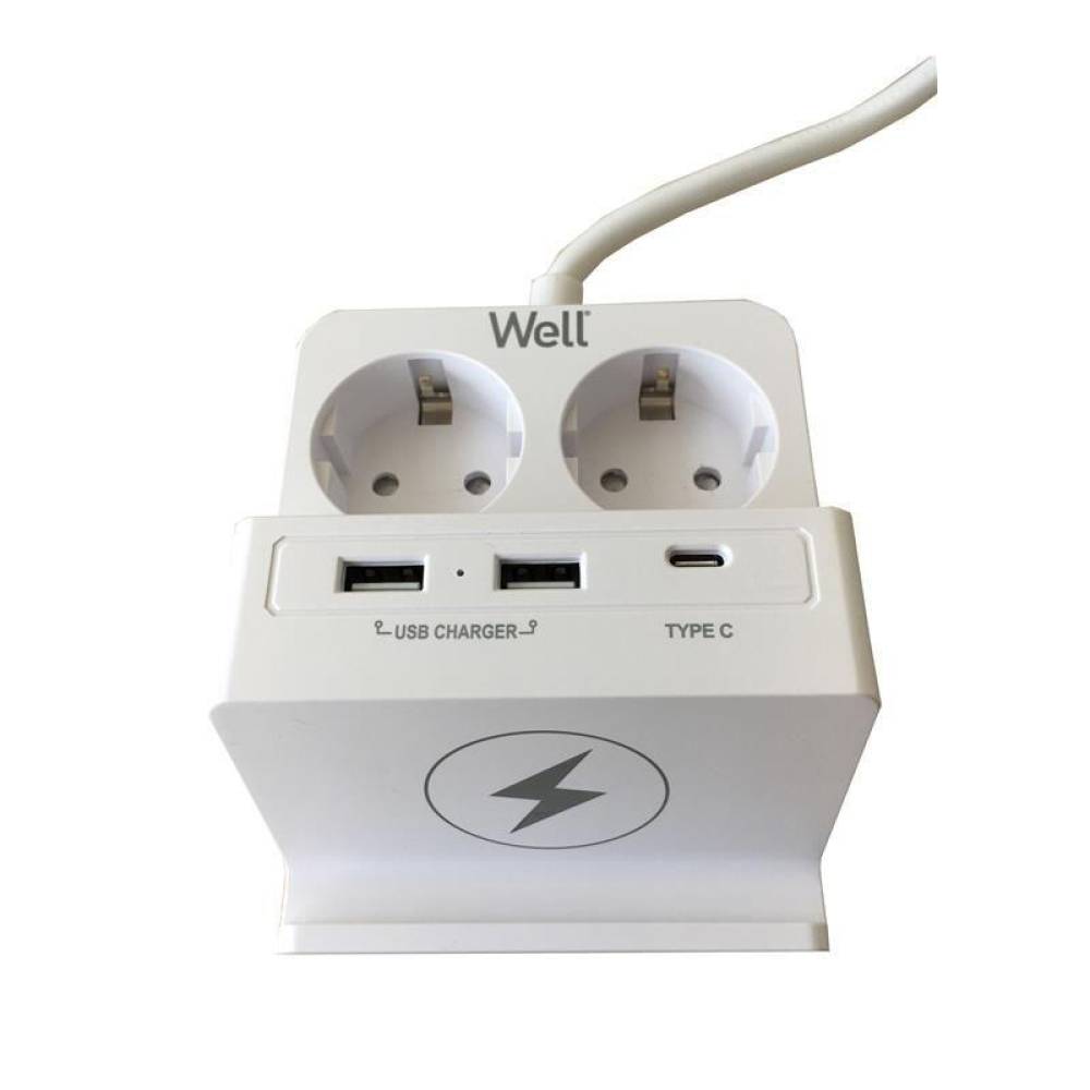 Prelungitor cu 4 prize, 3 USB-uri si USB-C PD20W, ELAD-2SH2EU-PROT/USBC4-WL