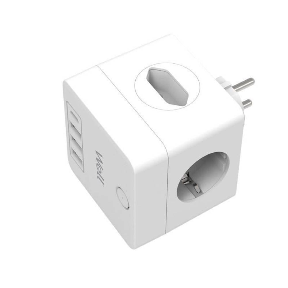 Prelungitor cu 4 prize, 3 USB-uri si USB-C PD20W, ELAD-2SH2EU-PROT/USBC4-WL