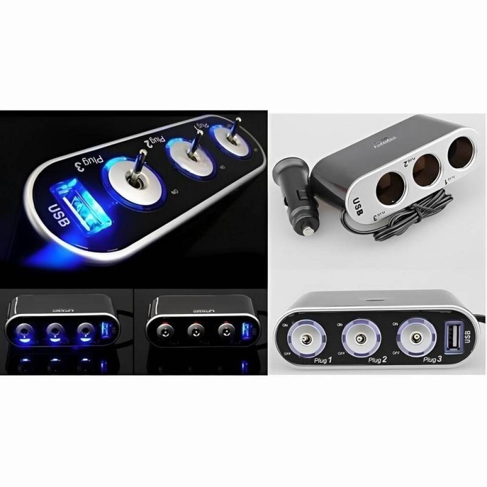 Stecher 3 prize 12 / 24V cu fir, LED, intrerupator si USB, 58614 Carmotion