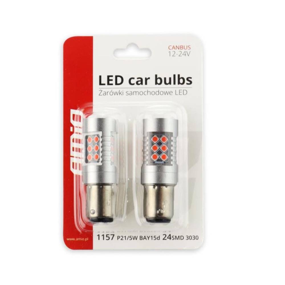 Set 2 becuri stop frana 24 LED-uri, 12/24V, P21/5W, BAY15d Canbus, rosu, Canbus 02579 Amio