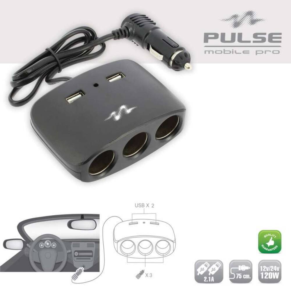 Stecher 3 prize 12/24V cu fir, 2 USB-uri, 2.1A, 120W, negru, Pulse MLS511B