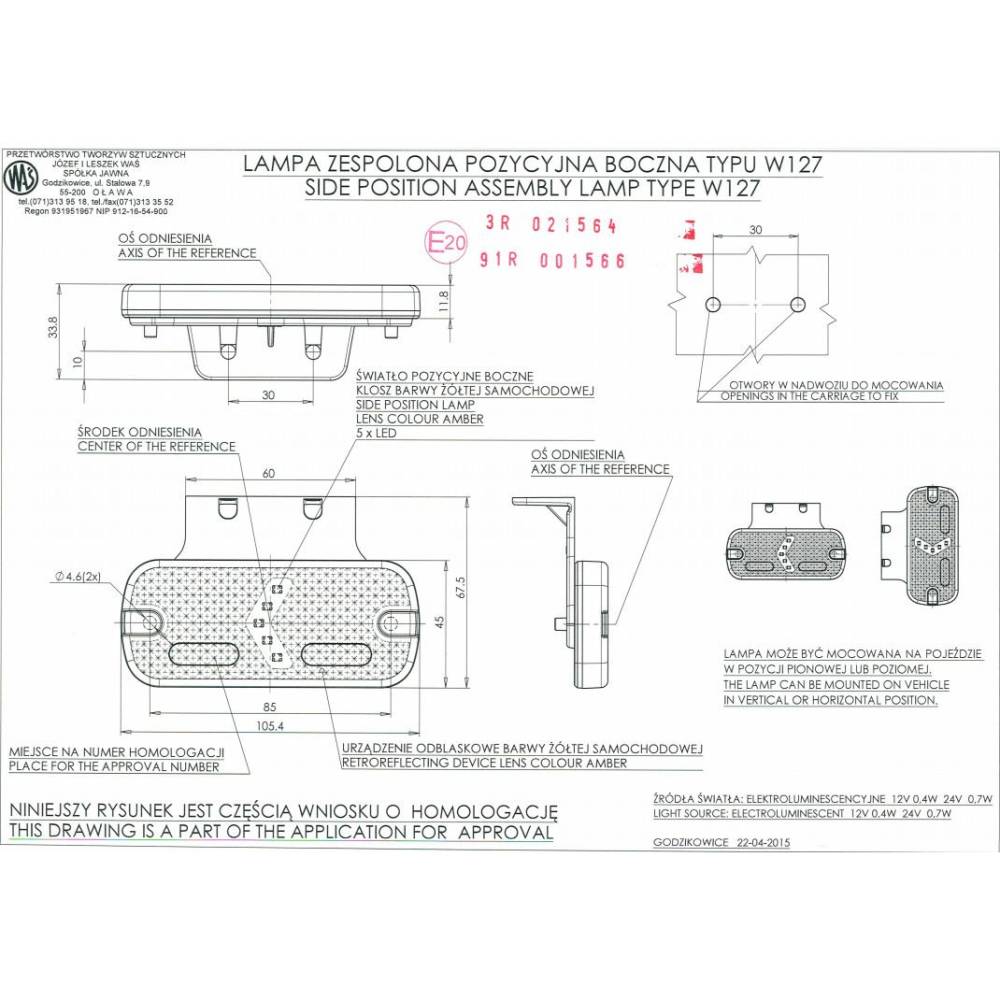 Lampa gabarit 105x45, LED, galbena, cu suport, sageata, 12-24V, W127 901 Was 