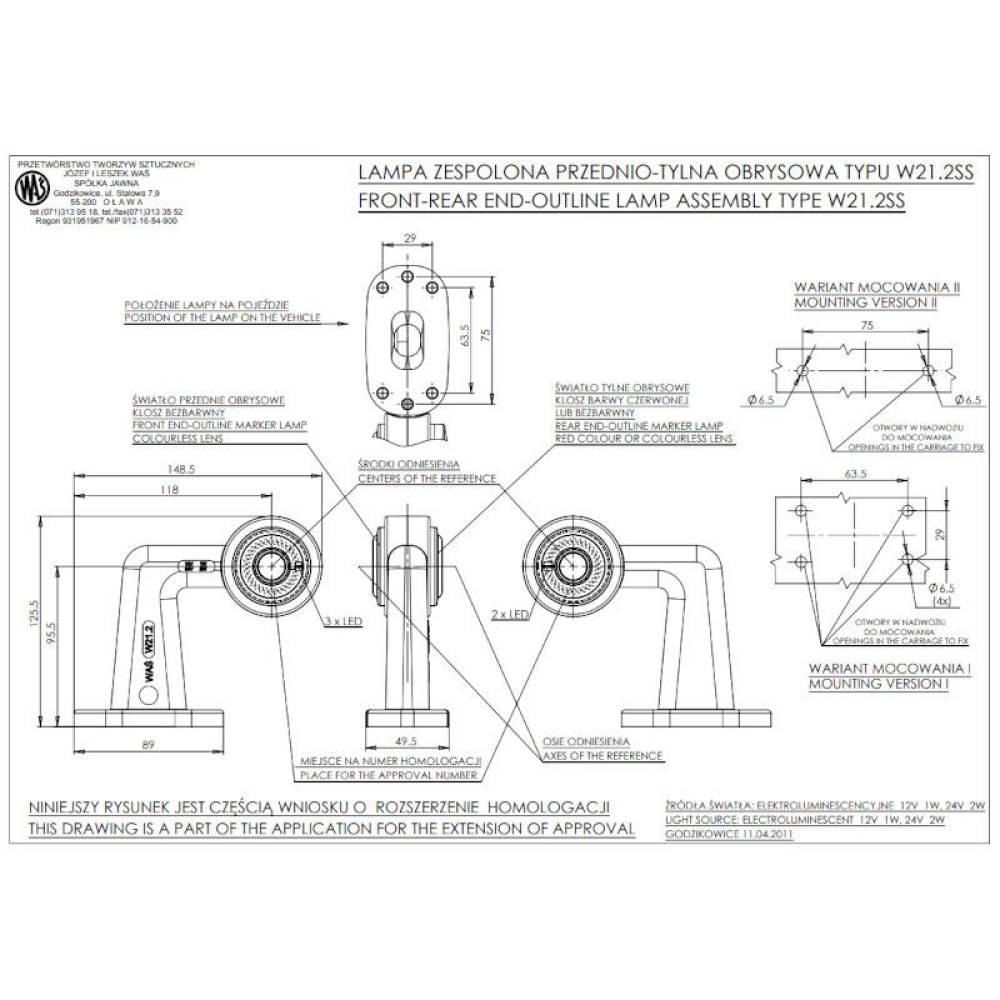 Lampa gabarit cu brat cotit la 90°,125mm, LED, alb-rosie, stanga, 12-24V, W21.2SS 421L Was