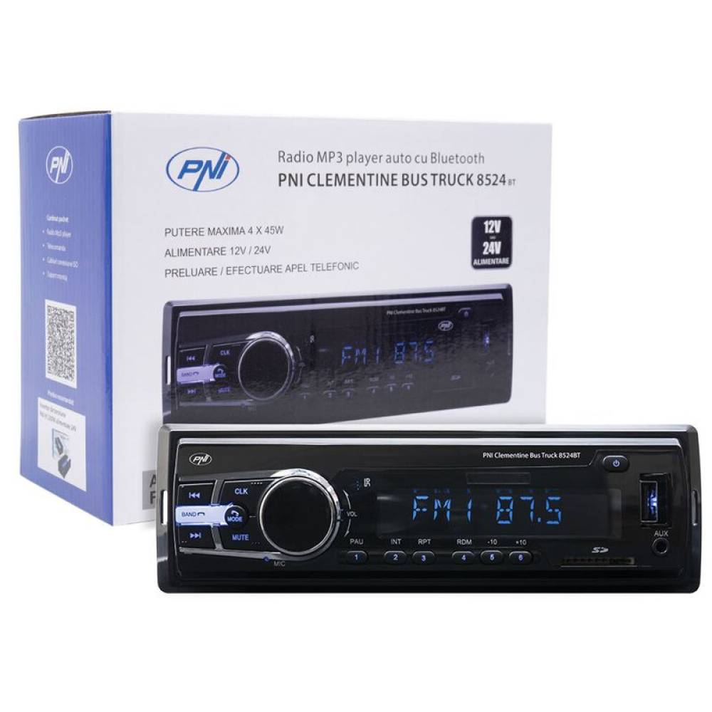MP3 player PNI Clementine Bus Truck 8524BT RDS 4x45w 12V/24V 1 DIN cu SD, USB, AUX, RCA si Bluetooth
