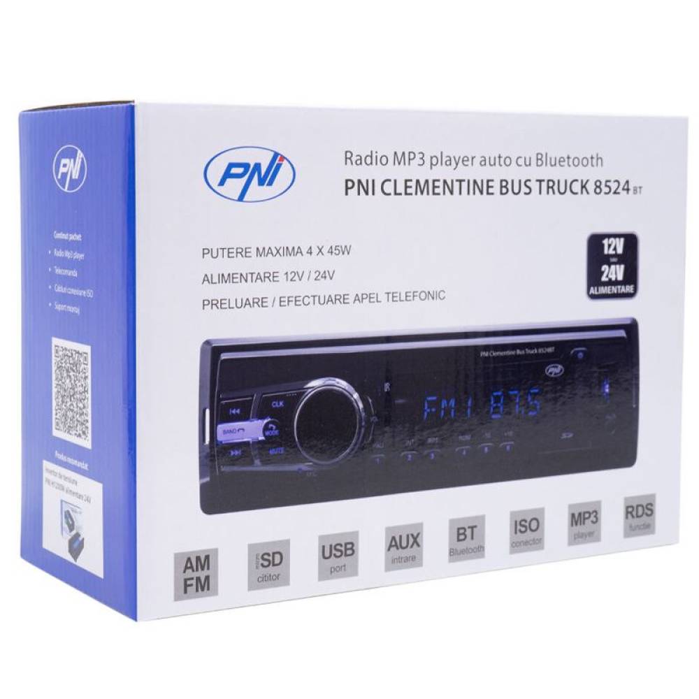 MP3 player PNI Clementine Bus Truck 8524BT RDS 4x45w 12V/24V 1 DIN cu SD, USB, AUX, RCA si Bluetooth