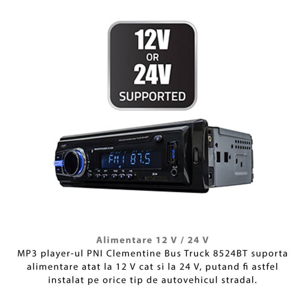 MP3 player PNI Clementine Bus Truck 8524BT RDS 4x45w 12V/24V 1 DIN cu SD, USB, AUX, RCA si Bluetooth