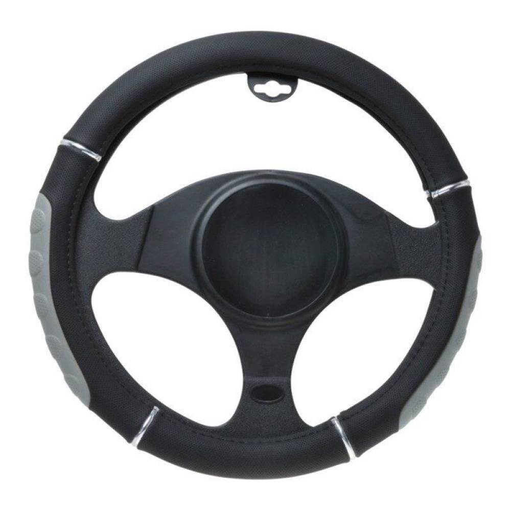 Husa volan  37-39cm negru cu gri si inel argintiu cauciucat reliefat 6606 Automax