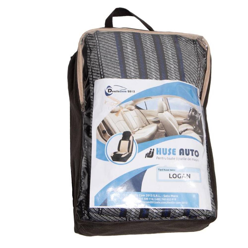 Set huse auto, stofa, Dacia Logan, 5 locuri, 2 cu 3, negru cu dungi albastre, DLZ50, Dealiz Set huse auto, stofa, Dacia Logan, 5 locuri, 2 cu 3, negru cu dungi albastre, DLZ50, Dealiz