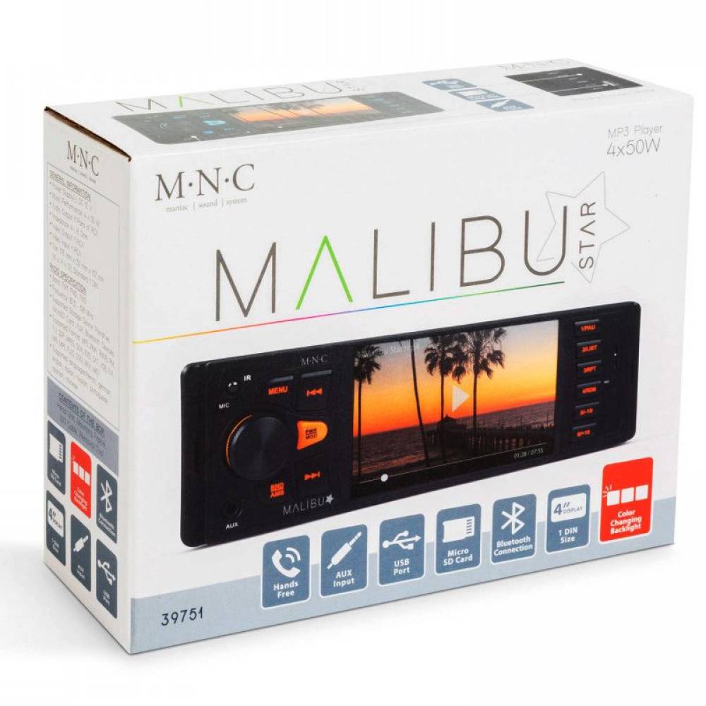 Player MP3 auto multimedia MALIBU STAR M.N.C, 1 DIN, 4x50 W, BT, MP3, AUX, SD, USB