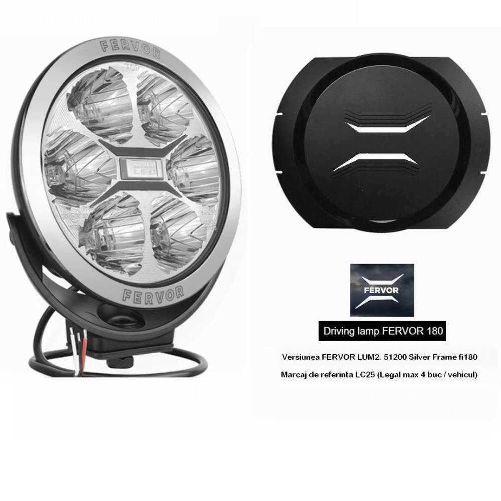 Proiector faza lunga fi180, cu LED, cu pozitie si aparatoare, sticla clara, LC25, Silver Edition, FERVOR 180 LUM2. 51200 Wesem