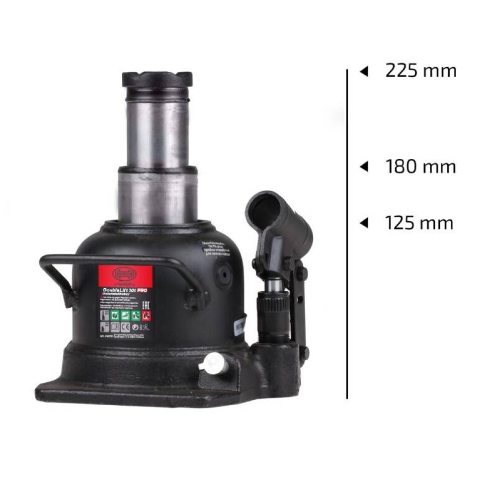 Cric hidraulic piston dublu 10T plat, DoubleLift 346.11 Heyner