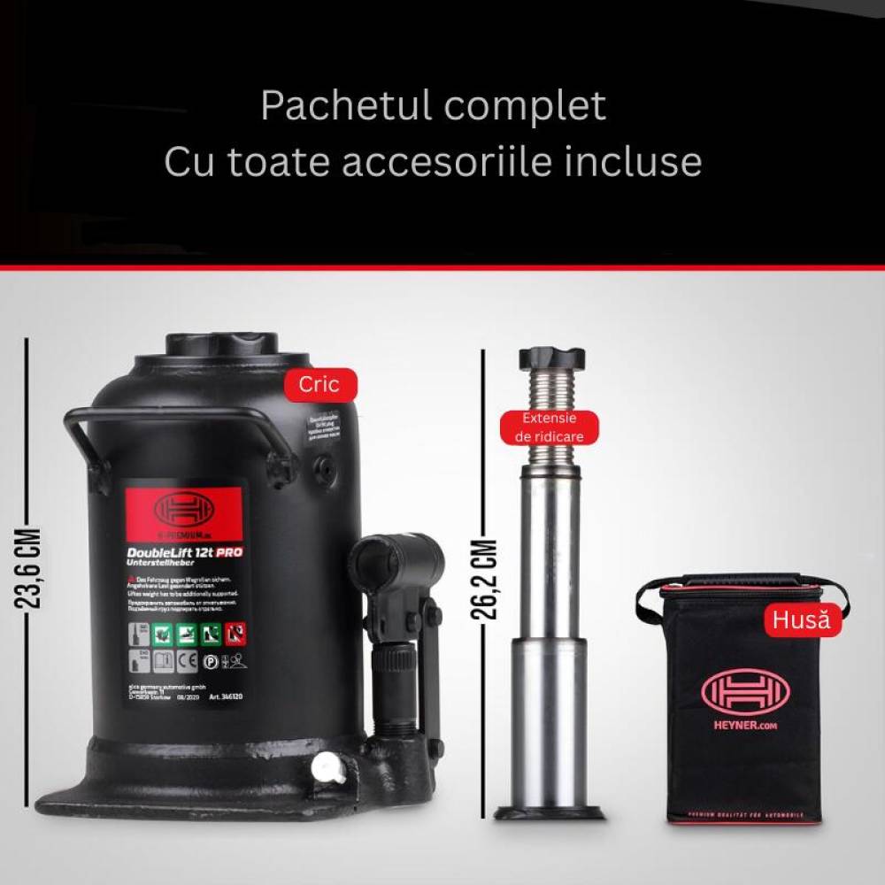 Cric hidraulic 12T, cu piston dublu, inaltime de ridicare 23cm - 49cm, DoubleLift Pro Crom 346.12 Heyner