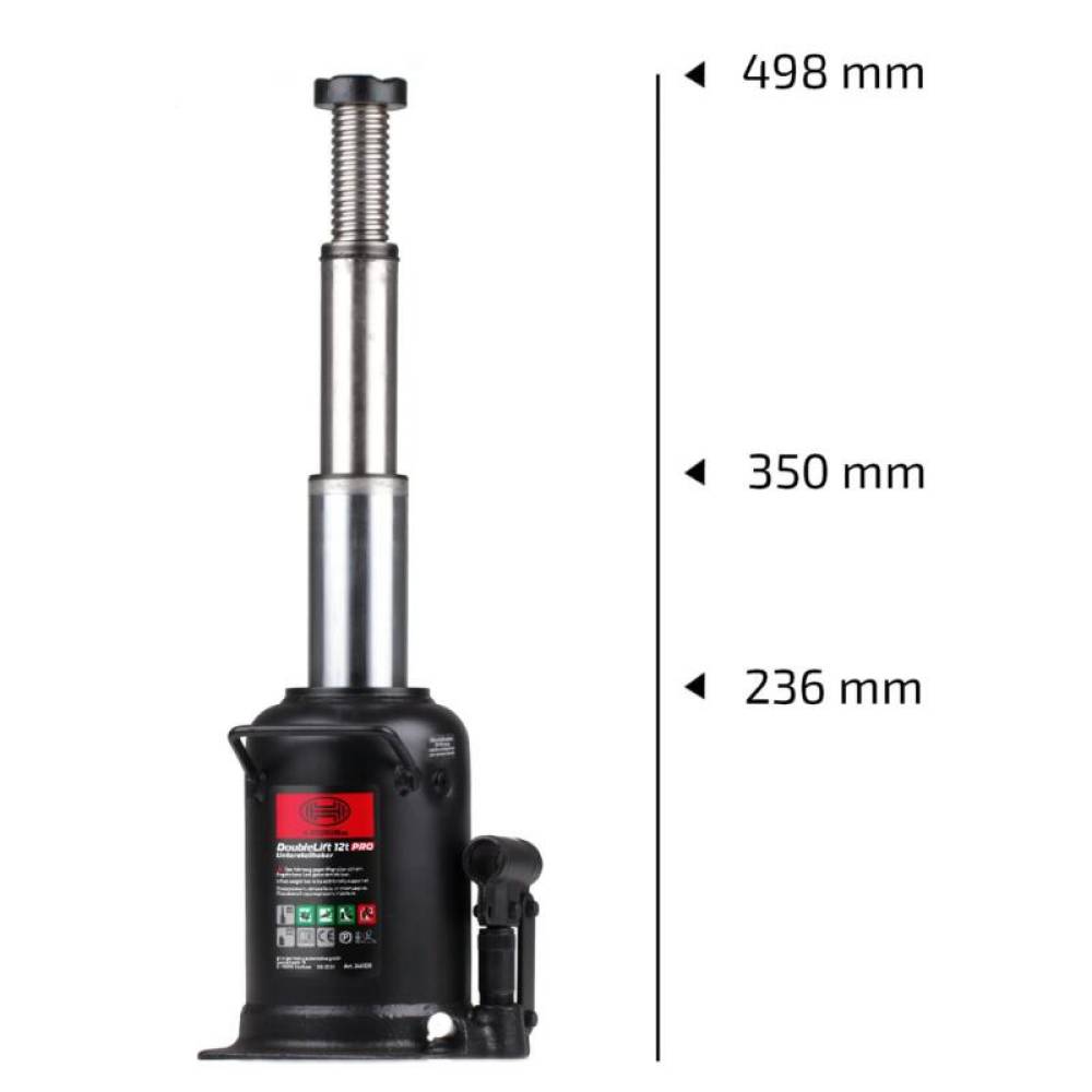 Cric hidraulic 12T, cu piston dublu, inaltime de ridicare 23cm - 49cm, DoubleLift Pro Crom 346.12 Heyner